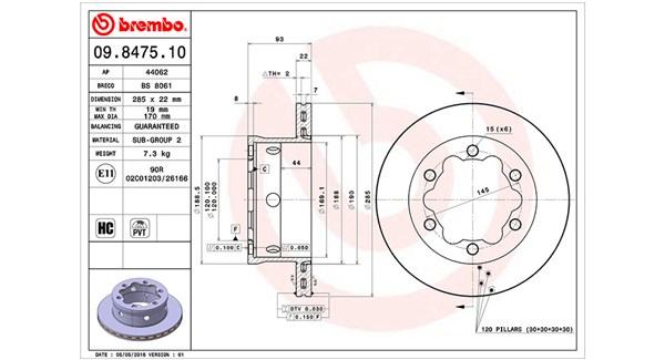 MAGNETI MARELLI Bremseskive 360406033200 Indvendig ventileret- ventilering med dråbeformede blade 285mm 22mm for DODGE MERCEDES-BENZ VW