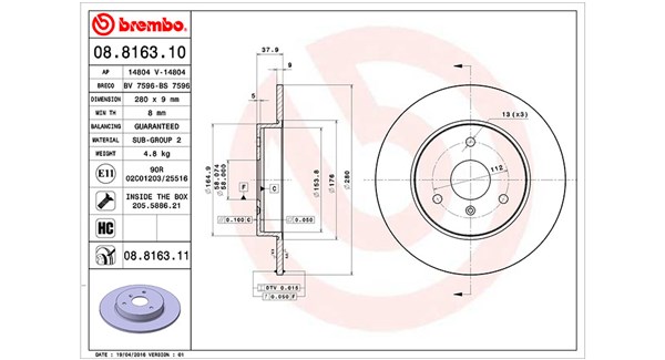 MAGNETI MARELLI Bremseskive 360406033800 fuld 280mm 9mm for KIA SMART