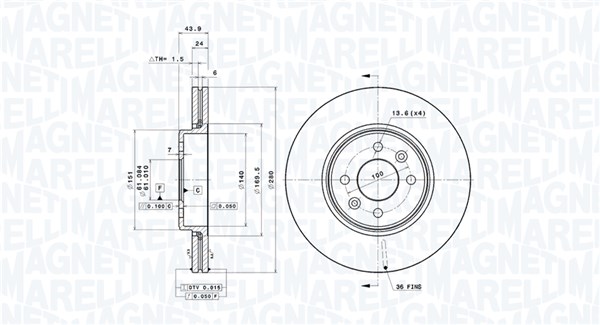 MAGNETI MARELLI Bremseskive 360406043901 ventileret 280mm 24mm for RENAULT DACIA