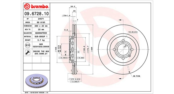 MAGNETI MARELLI Bremseskive 360406048500 280mm 22mm for VW