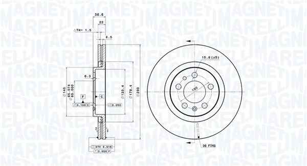 MAGNETI MARELLI Bremseskive 360406049501 ventileret 280mm 22mm for VW