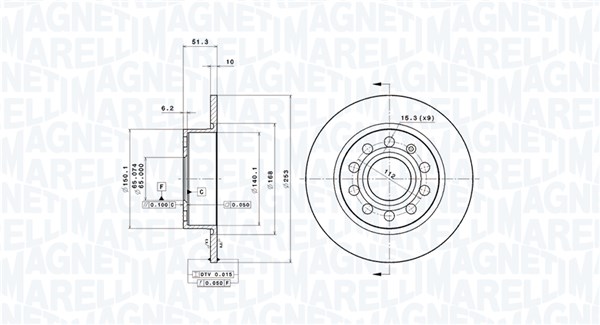 MAGNETI MARELLI Bremseskive 360406050701 fuld 253mm 10mm for VW SEAT SKODA (SVW)