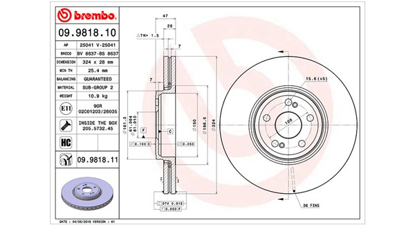 MAGNETI MARELLI Bremseskive 360406058900 ventileret 324mm 28mm for RENAULT