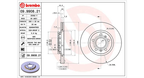 MAGNETI MARELLI Bremseskive 360406059301 ventileret 280mm 22mm for VW