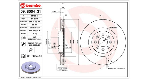 MAGNETI MARELLI Bremseskive 360406064500 Indvendig ventileret- ventilering med dråbeformede blade 305mm 28mm for FIAT ABARTH