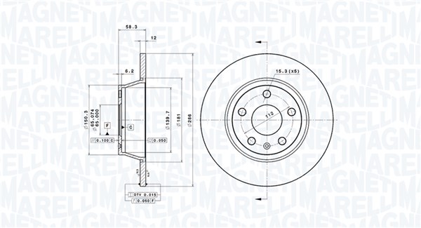 MAGNETI MARELLI Bremseskive 360406065300 fuld 286mm 12mm for VAG