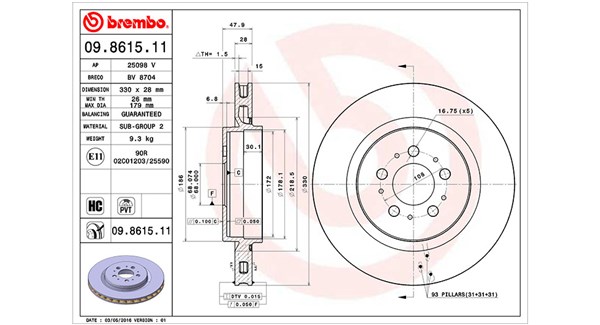 MAGNETI MARELLI Bremseskive 360406067400 Indvendig ventileret- ventilering med dråbeformede blade 330mm 28mm for VOLVO