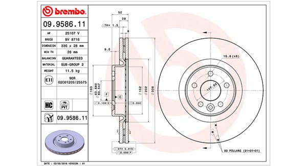 MAGNETI MARELLI Bremseskive 360406068000 Indvendig ventileret- ventilering med dråbeformede blade 336mm 28mm for VOLVO