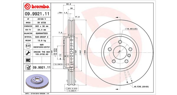 MAGNETI MARELLI Bremseskive 360406068500 ventileret 365mm 36mm for BMW