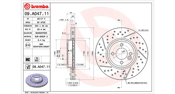 MAGNETI MARELLI Bremseskive 360406069100 Indvendig ventileret- ventilering med dråbeformede blade 294mm 22mm for MINI