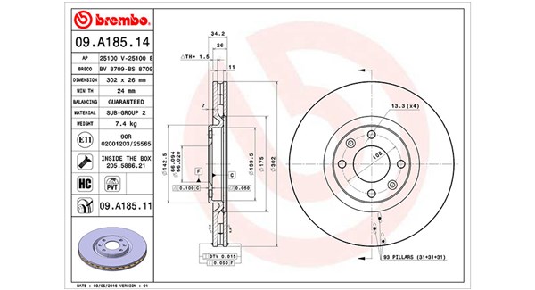 MAGNETI MARELLI Bremseskive 360406070000 Indvendig ventileret- ventilering med dråbeformede blade 302mm 26mm for PEUGEOT DS DS (CAPSA)