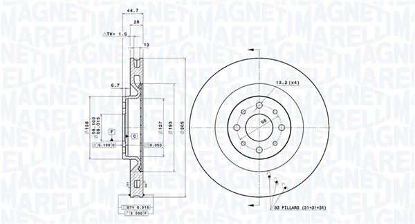MAGNETI MARELLI Bremseskive 360406071800 Indvendig ventileret- ventilering med dråbeformede blade 305mm 28mm for LANCIA