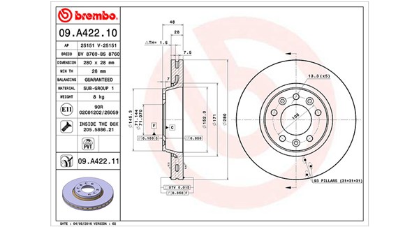 MAGNETI MARELLI Bremseskive 360406075600 280mm 28mm for CITROËN/PEUGEOT PEUGEOT FIAT TOYOTA