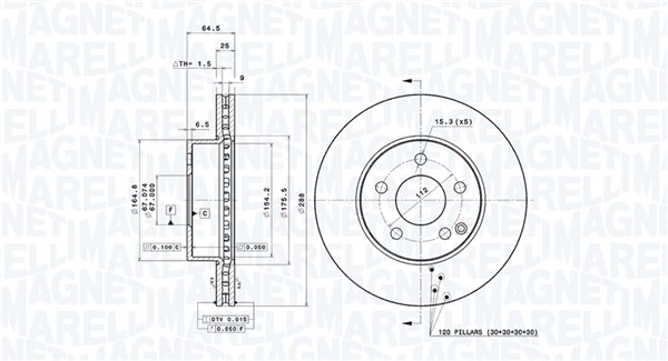 MAGNETI MARELLI Bremseskive 360406076800 Indvendig ventileret- ventilering med dråbeformede blade 288mm 25mm for MERCEDES-BENZ