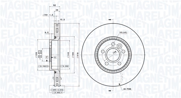 MAGNETI MARELLI Bremseskive 360406077300 ventileret 316mm 28mm for FORD VOLVO LAND ROVER