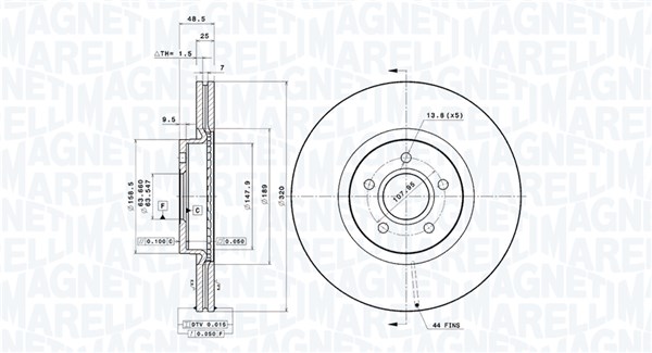 MAGNETI MARELLI Bremseskive 360406077900 ventileret 320mm 25mm for VOLVO FORD