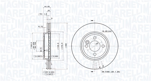 MAGNETI MARELLI Bremseskive 360406090701 ventileret 280mm 22mm for MINI