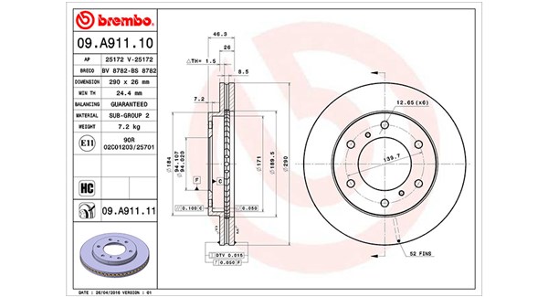 MAGNETI MARELLI Bremseskive 360406093100 ventileret 290mm 26mm for MITSUBISHI