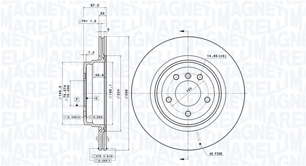 MAGNETI MARELLI Bremseskive 360406093901 ventileret 336mm 22mm for BMW