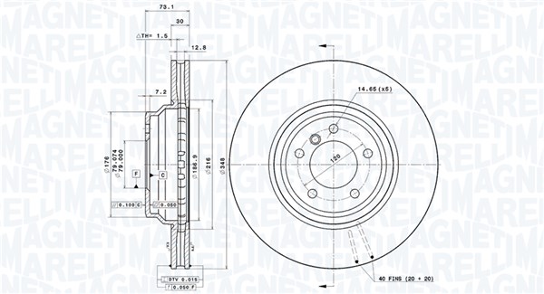 MAGNETI MARELLI Bremseskive 360406096201 ventileret 348mm 30mm for BMW