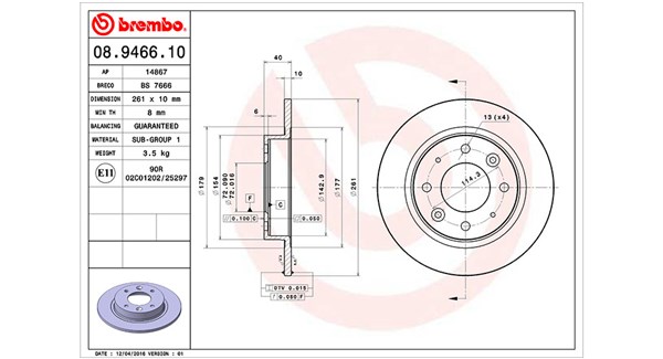 MAGNETI MARELLI Bremseskive 360406095200 261mm 10mm for KIA