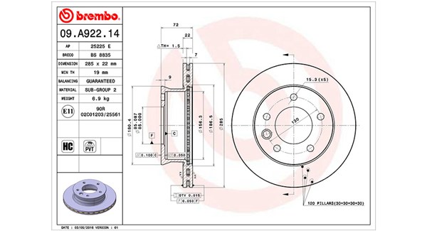 MAGNETI MARELLI Bremseskive 360406099500 Indvendig ventileret- ventilering med dråbeformede blade 285mm 22mm for DODGE MERCEDES-BENZ