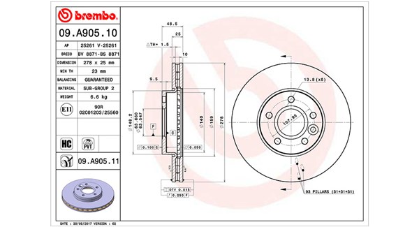 MAGNETI MARELLI Bremseskive 360406107100 Indvendig ventileret- ventilering med dråbeformede blade 278mm 25mm for FORD FORD (CHANGAN) VOLVO