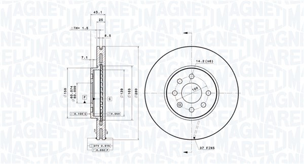 MAGNETI MARELLI Bremseskive 360406108100 ventileret 280mm 25mm for OPEL VAUXHALL