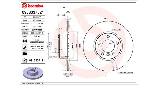 MAGNETI MARELLI Bremseskive 360406110501 ventileret 312mm 24mm for BMW