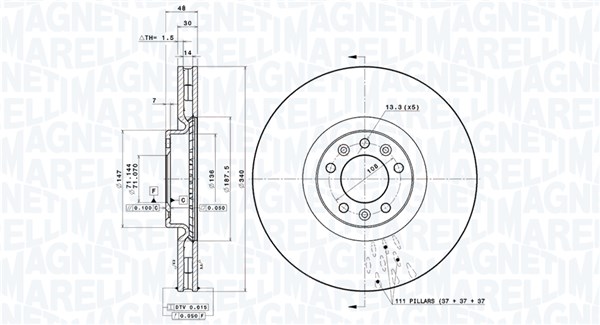 MAGNETI MARELLI Bremseskive 360406109901 Indvendig ventileret- ventilering med dråbeformede blade 340mm 30mm for PEUGEOT PEUGEOT (DF-PSA)