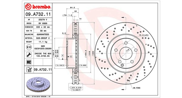 MAGNETI MARELLI Bremseskive 360406113301 perforeret 335mm 32mm for MERCEDES-BENZ