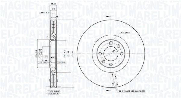 MAGNETI MARELLI Bremseskive 360406113901 Indvendig ventileret- ventilering med dråbeformede blade 340mm 30mm for DS CITROËN