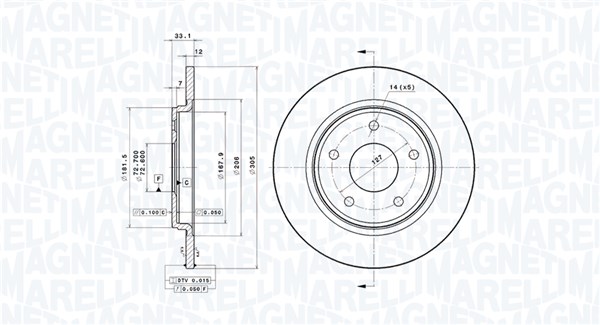 MAGNETI MARELLI Bremseskive 360406115001 fuld 305mm 12mm for DODGE CHRYSLER FIAT VW
