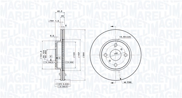 MAGNETI MARELLI Bremseskive 360406115601 ventileret 255mm 20mm for ASTON MARTIN