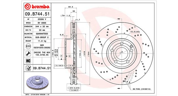 MAGNETI MARELLI Bremseskive 360406115401 perforeret 344mm 32mm for MERCEDES-BENZ