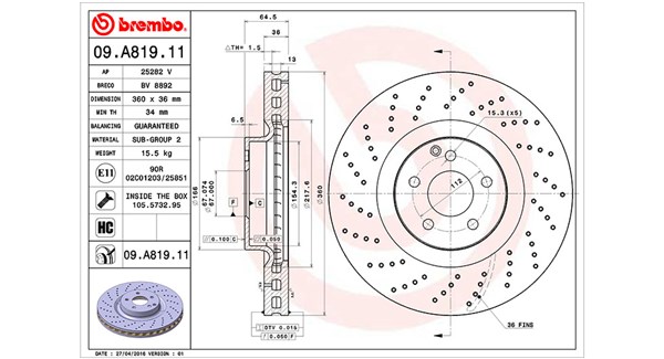 MAGNETI MARELLI Bremseskive 360406116601 perforeret 360mm 36mm for MERCEDES-BENZ