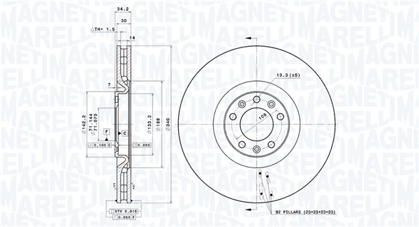 MAGNETI MARELLI Bremseskive 360406117101 Indvendig ventileret- ventilering med dråbeformede blade 340mm 30mm for PEUGEOT DS (CAPSA)