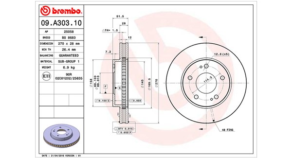 MAGNETI MARELLI Bremseskive 360406121900 ventileret 270mm 28mm for MITSUBISHI