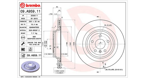 MAGNETI MARELLI Bremseskive 360406122301 Indvendig ventileret- ventilering med dråbeformede blade 330mm 22mm for MERCEDES-BENZ BRABUS