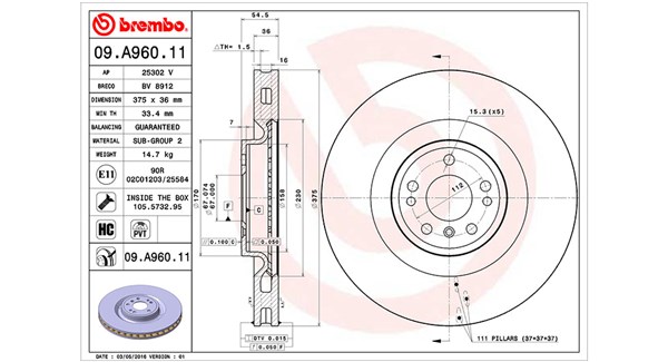 MAGNETI MARELLI Bremseskive 360406122501 Indvendig ventileret- ventilering med dråbeformede blade 375mm 36mm for MERCEDES-BENZ