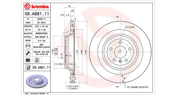 MAGNETI MARELLI Bremseskive 360406122701 Indvendig ventileret- ventilering med dråbeformede blade 345mm 22mm for MERCEDES-BENZ BRABUS