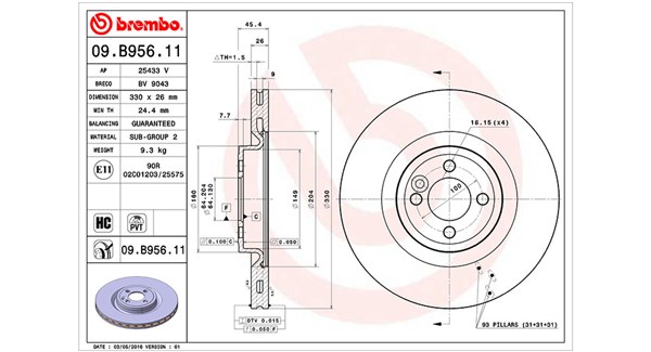 MAGNETI MARELLI Bremseskive 360406123101 Indvendig ventileret- ventilering med dråbeformede blade 330mm 26mm for MINI
