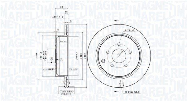 MAGNETI MARELLI Bremseskive 360406123701 ventileret 308mm 16mm for INFINITI NISSAN