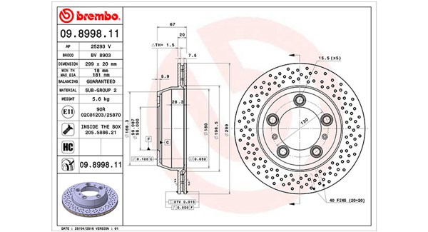 MAGNETI MARELLI Bremseskive 360406125101 perforeret/ventileret 299mm 20mm for VAG