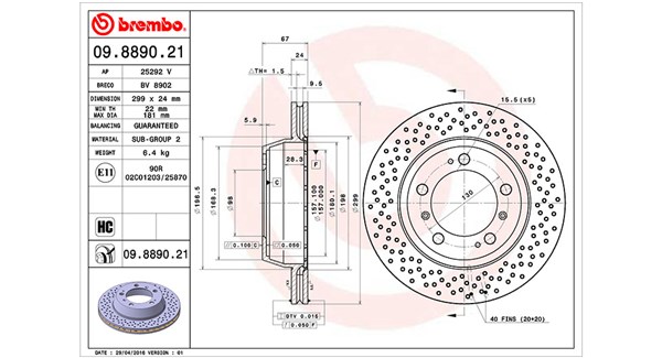 MAGNETI MARELLI Bremseskive 360406125001 perforeret/ventileret 299mm 24mm for PORSCHE VAG