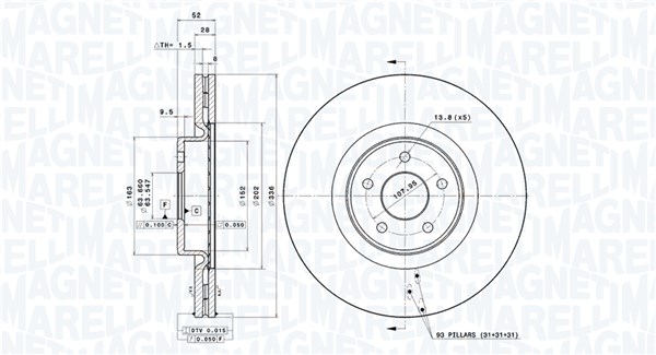 MAGNETI MARELLI Bremseskive 360406125201 Indvendig ventileret- ventilering med dråbeformede blade 336mm 28mm for FORD