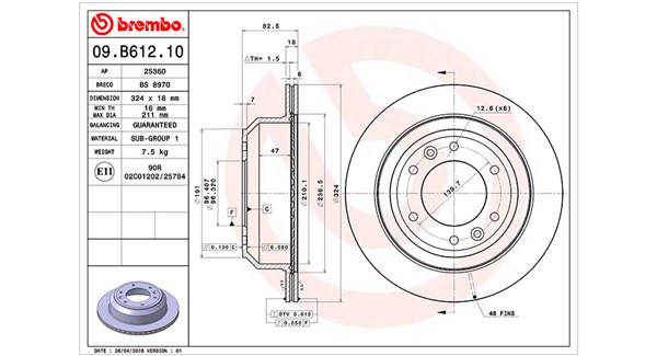 MAGNETI MARELLI Bremseskive 360406125500 ventileret 324mm 18mm for HYUNDAI