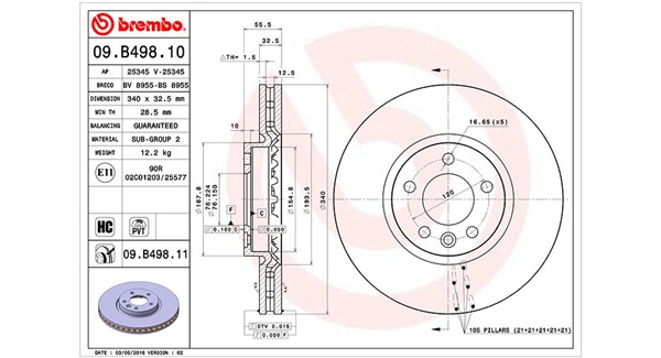 MAGNETI MARELLI Bremseskive 360406125600 Indvendig ventileret- ventilering med dråbeformede blade 340mm 32,5mm for VAG VW