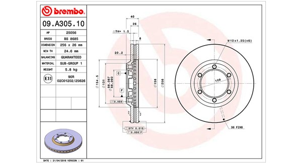 MAGNETI MARELLI Bremseskive 360406126500 ventileret 256mm 26mm for ISUZU