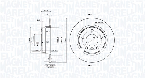 MAGNETI MARELLI Bremseskive 360406016101 fuld 280mm 10mm for BMW